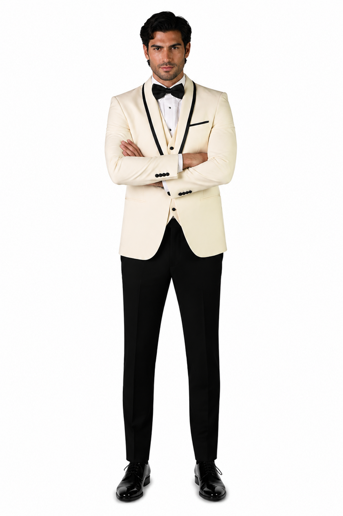 3-Piece Tailored Fit Wool Suit with Bow Tie and Flat Front Pants - Off-White