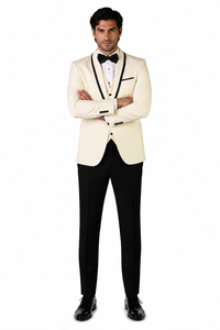 3-Piece Tailored Fit Wool Suit with Bow Tie and Flat Front Pants - Off-White