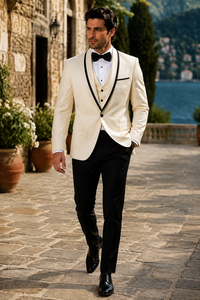 3-Piece Tailored Fit Wool Suit with Bow Tie and Flat Front Pants - Off-White
