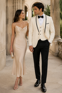 3-Piece Tailored Fit Wool Suit with Bow Tie and Flat Front Pants - Off-White