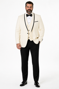 3-Piece Tailored Fit Wool Suit with Bow Tie and Flat Front Pants - Off-White