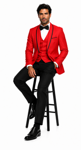 3-Piece Tailored Fit Wool Suit with Bow Tie and Flat Front Pants - Red