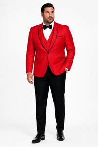 3-Piece Tailored Fit Wool Suit with Bow Tie and Flat Front Pants - Red