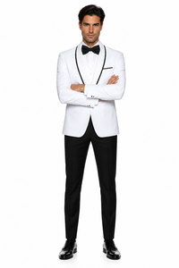 3-Piece Tailored Fit Wool Suit with Bow Tie and Flat Front Pants - White