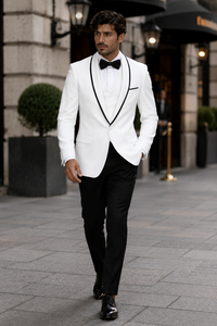 3-Piece Tailored Fit Wool Suit with Bow Tie and Flat Front Pants - White