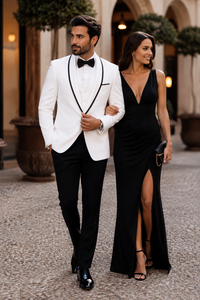 3-Piece Tailored Fit Wool Suit with Bow Tie and Flat Front Pants - White