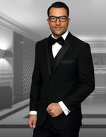 Mens 2 Button Modern Fit Vested Wool Tuxedo in Black - Men's Tuxedo USA