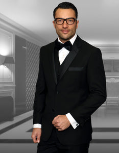 Mens 2 Button Modern Fit Vested Wool Tuxedo in Black - Men's Tuxedo USA