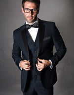 Mens 2 Button Modern Fit Vested Wool Tuxedo in Navy Blue - Mens Slim Fitted Tuxedo - Men's Tuxedo USA