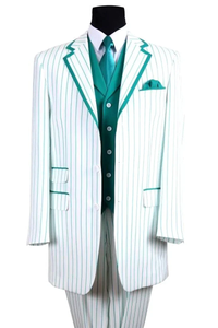 Candy Stripe Suit Mens 3 Button Vested Barbershop Quartet Suin in White with Turquoise Pinstripes