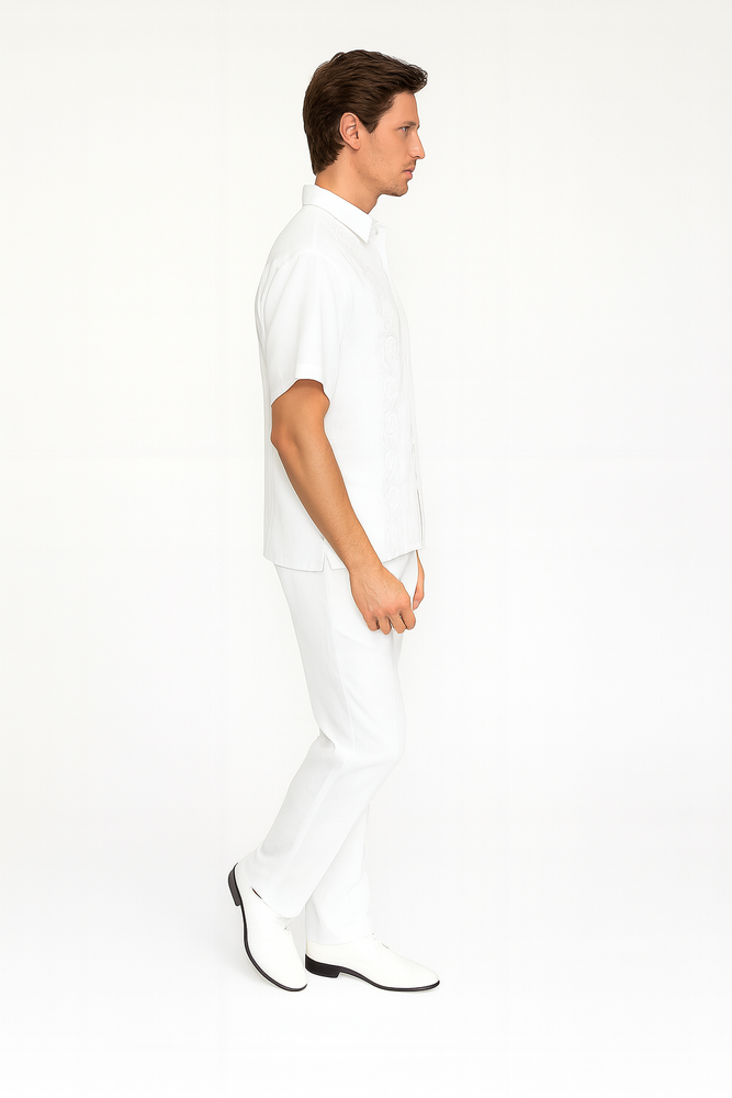 Men’s Linen White Embroidered Guayabera Two-Piece Set – Short Sleeve Shirt and Pants - Summer Walking Suit