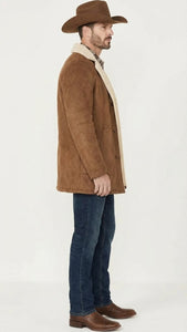 Men’s Brown Western Faux Suede Blazer Coat – Cowboy Style Long Jacket for Wedding, Party and Special Events