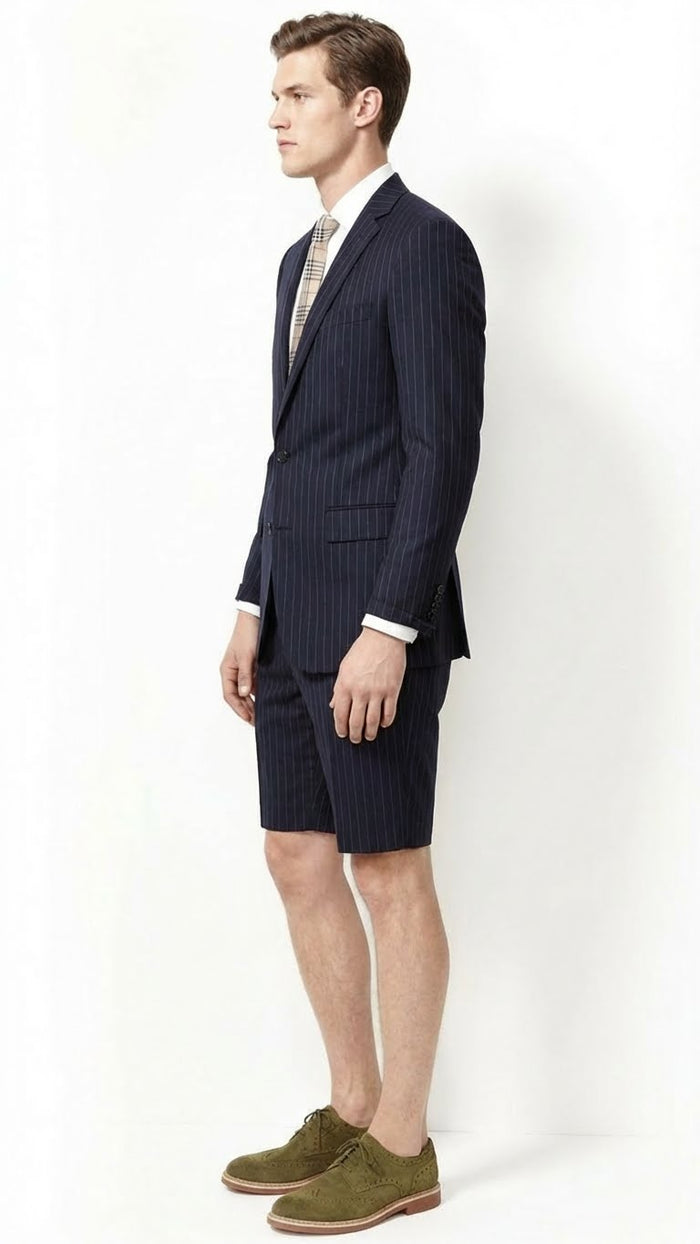 Men’s Dark Navy Blue Pinstripe or Black Pinstripe  Summer Business Suit with Shorts Pants Set – Sport Coat Style Formal and Casual Outfit