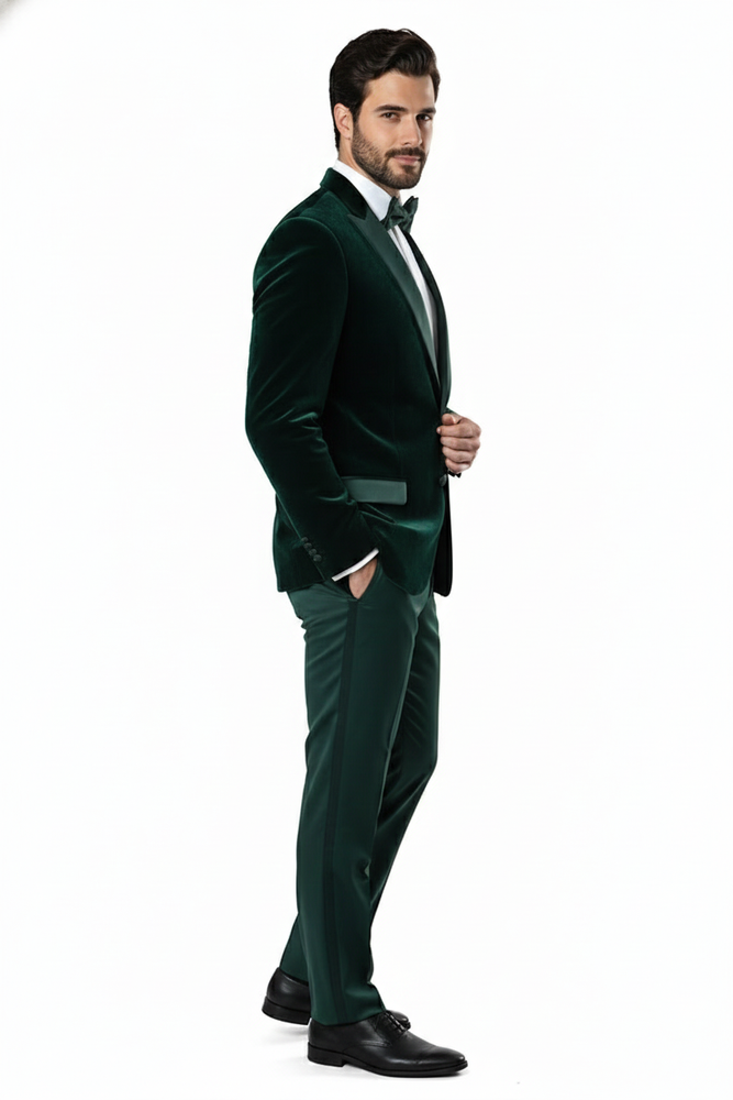 Men’s Dark Green Velvet Tuxedo Dinner Jacket – Slim Fit Formal Blazer with Satin Peak Lapel Lape