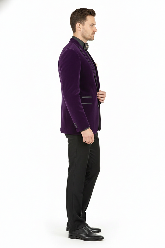 Men’s Purple Velvet Blazer – Luxury Slim Fit Formal Jacket with Black Satin Trim Tuxedo Dinner Jacket