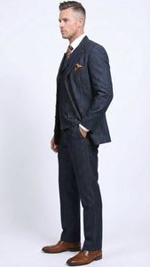 Men’s Dark Denim Blue Fabric Suit – Classic Three Piece Denim Suit for Wedding, Party and Formal Events