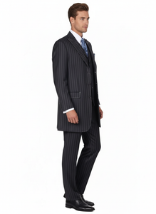 Men’s Three Button Suits -  Navy Blue Pinstripe Three-Piece Suit – Classic Business and Formal Wear - Zoot Suit