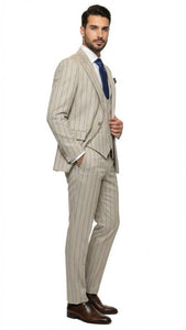 Men's Beige with blue Pinstripe Three-Piece Suit with Vest by Rossiman Vested Peak Lapel in Tan Stripe 1920s style