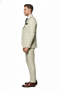 Men’s Light Beige Check 3-Piece Suit Set – Premium Tailored Fit Formal Wedding and Spring Event Suit Light Tan Sand Color By Rossiman
