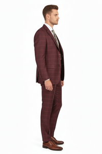 Men’s Burgundy Checkered 3-Piece Suit – Windowpane Classic Fit Plaid Blazer with Vest and Pants