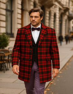 Men’s Red and Black Plaid Wool Overcoat – Tartan Texture Fabric Christmas Carcoat