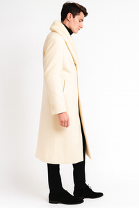 Men’s Ivory - Cream - Off White Full-Length Overcoat with Luxurious Faux Fur Shawl Collar – Winter Dress Coat