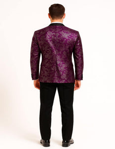 Men's Pinkish ~ Purple Paisley Tuxedo Jacket with Black Satin Lapel – Formal Prom and Wedding Blazer in Meganta Color