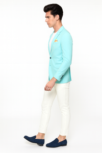 Men’s Aqua Blazer – Slim Fit One Button Suit Jacket with Stylish Floral Inner Lining - Light Turquoise