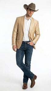 Men’s Champagne Gold Western Blazer, Formal Cowboy Wedding Ranch Sport Coat Jacket tan beige color sheen sharkskin fabric