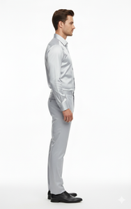 Men’s Silver Satin Dress Shirt and Pants Set – Luxury Slim Fit Outfit for Parties, Weddings, and Formal Events