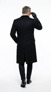 Men’s Black Double Breasted Overcoat, James Bond Inspired Long Formal Coat for Weddings, Business Events, Parties, and Winter Occasions