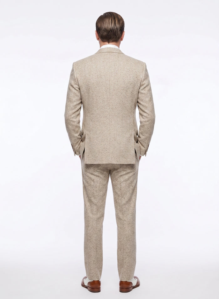 Men’s Light Tan Tweed Great Gatsby 3 Piece Suit – Vintage Vested Wedding Suit, 1920s Classic Formal Outfit Herringbone