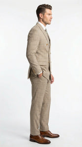Vinci Men’s Beige Plaid Double Breasted Suit – Classic Checkered Formal Suit Set in Tan Color Windowpane Checkered Pattern