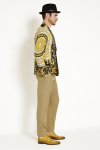 Men’s Black and Gold Baroque Blazer with Matching Pants, Hat, and Shoes – Luxury Party and Wedding Outfits Set