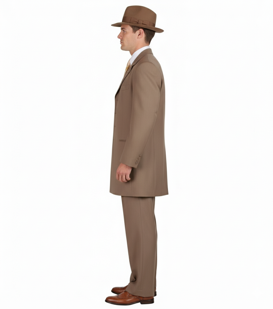 Men’s 1920s Tan Zoot Suit with Fedora Hat and Wingtip Shoes – Vintage Gangster 3-Piece Long Jacket Suit