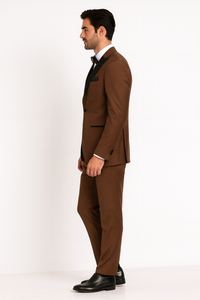 Men’s Light Brown Tuxedo Suit with Black Satin Lapel – 3 Piece Formal Wedding & Prom Outfit - Country Look
