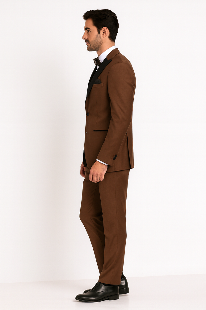 Men’s Light Brown Tuxedo Suit with Black Satin Lapel – 3 Piece Formal Wedding & Prom Outfit - Country Look