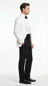 Men's White Dinner Jacket Tuxedo Blazer with Black Satin Shawl Lapel  With Black Tuxedo Pants