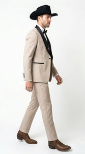Men’s Beige Pinstripe Western 3 Piece Tuxedo Suit with Black Shawl Lapel, Formal Cowboy Wedding Prom Suit in Tan Khaki Color