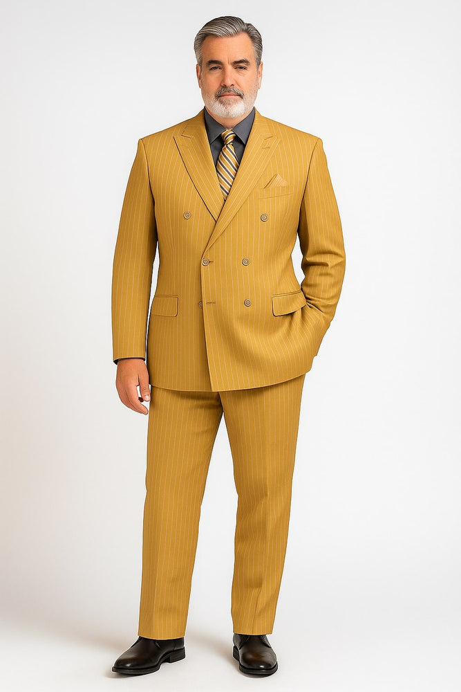 Mens Camel Tan Pinstripe Double-Breasted Suit – Bold 6-Button Modern Vintage Style