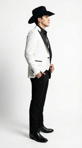 Men’s White Cowboy Tuxedo with Black Satin Lapel – Western Formal Suit with Matching Vest