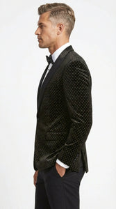 Men’s Black Velvet Dinner Jacket Blazer with Satin Lapel – Formal Evening Tuxedo Style Jacket Polk Dots Pattern + Free bowtie