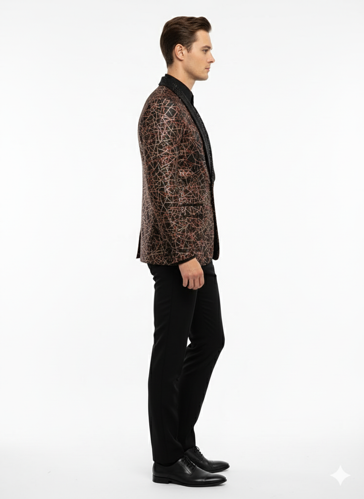Men’s Black Shiny Designer Blazer with Red and Gold Pattern – Luxury Party & Wedding Jacket