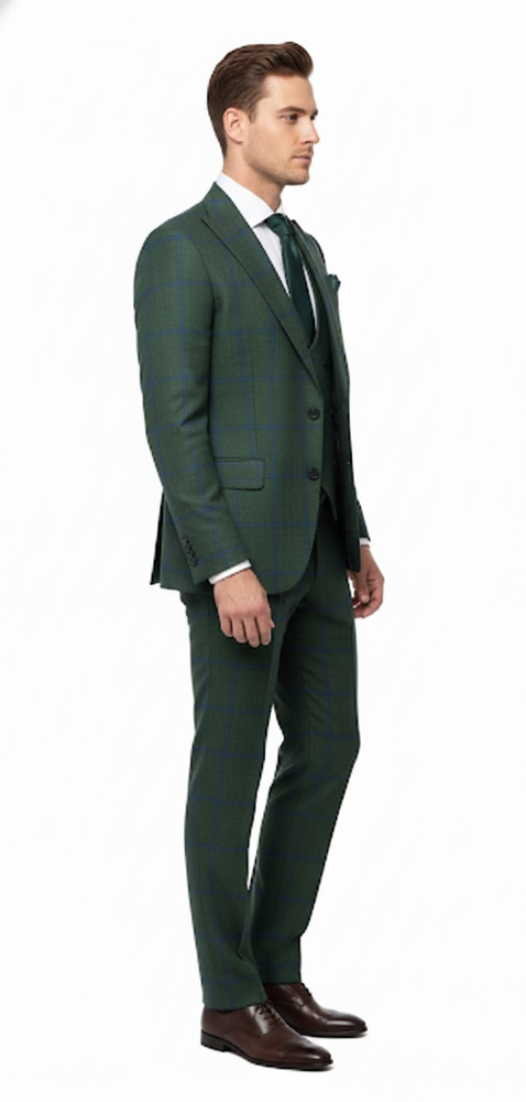 Men’s Green Plaid 3-Piece Suit – Classic Check Slim Fit Suit for Weddings, Church, and Formal By Rossiman