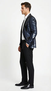 Men’s Navy Sequin Blazer – Navy Blue Sparkle Sequin Formal Blazer with Satin Lapel for Prom, Party and Evening Events