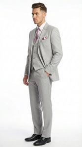 Men’s Light Gray 3 Piece Suit – Ice Silver Gray Formal Suit Set with Vest, Patterned Lapel and Tie for Wedding, Prom and Business Events