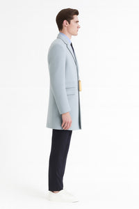 Mens Light Blue Wool Overcoat – Modern Long Coat with Classic Tailored Fit in Sky Blue
