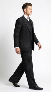 Men’s Black Pinstripe 3-Piece Suit Wool Suit  – Classic Fit Single Button Suit with Wide Leg Pleated Pants By Tiglio Russo