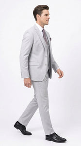 Men’s Light Grey Sharkskin 3 Piece Business Suit – Slim Fit Two Button Vested Wedding & Silver Suit