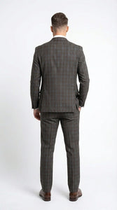 Vitali Men’s Brown Grey with blue Check 3 Piece Suit – Classic Plaid Formal Suit Set with Blazer, Vest & Trousers, Business Wedding Party Wear for Men Modern Fit